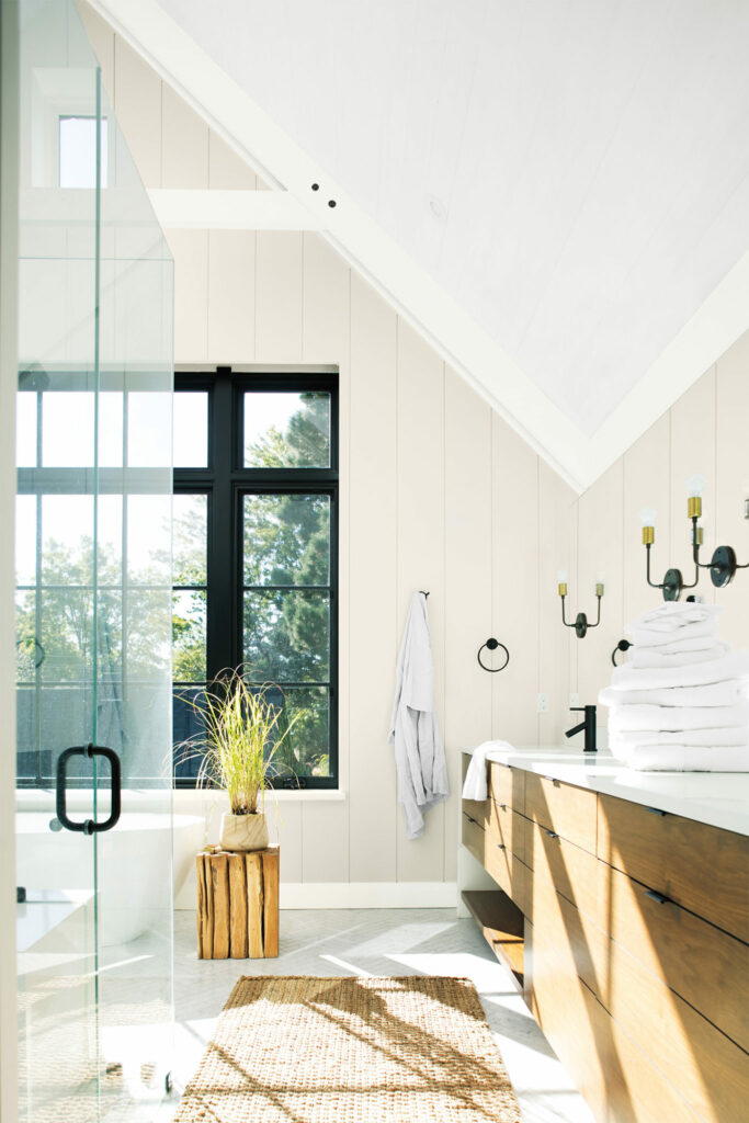 Bathroom with Glass Doors and Vaulted Ceiling