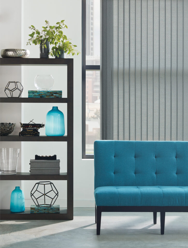 Abbot Living Room with Somner Custom Vertical Blinds with Permatilt