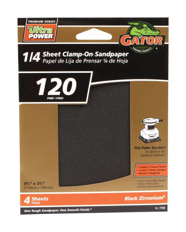 Gator PowerPlus 5-1/2 in. L X 4-1/2 in. W 120 Grit Zirconium Oxide 1/4 Sheet Sandpaper 4 pk