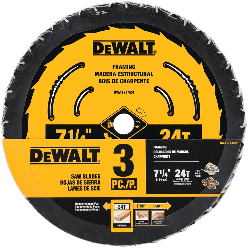 DeWalt 7-1/4 in. D X 5/8 in. Tungsten Carbide Circular Saw Blade 24 teeth 3 pk
