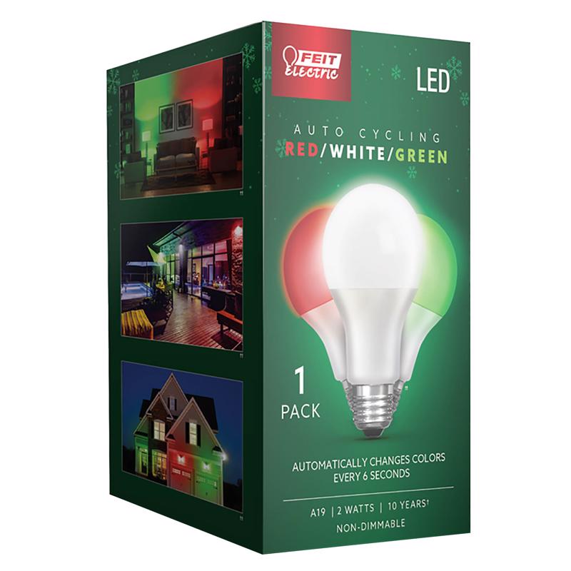 Feit Electric A19 E26 (Medium) Auto Cycling LED Bulb Green/Red/White 2 Watt Equivalence 1 pk