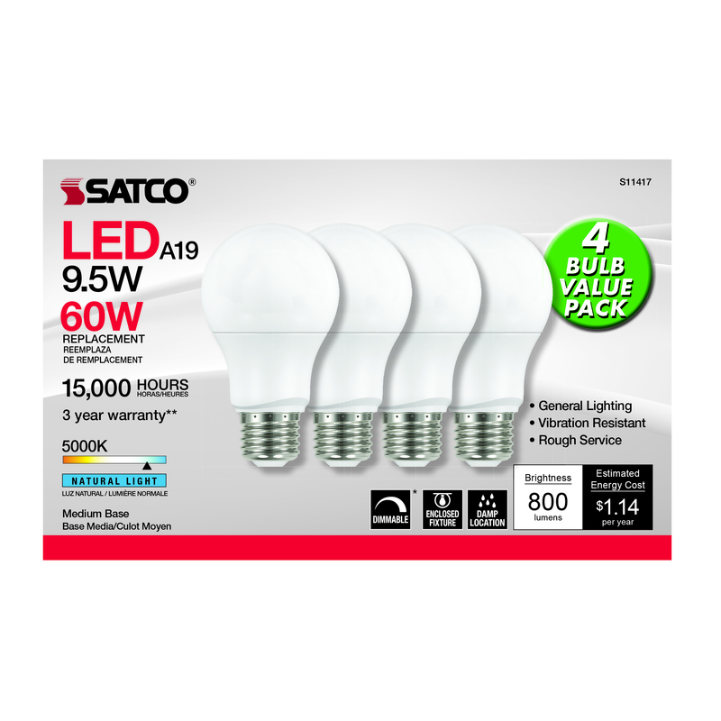 Satco . A19 E26 (Medium) LED Bulb Natural Light 60 Watt Equivalence 4 pk