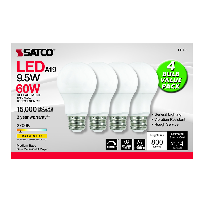 Satco . A19 E26 (Medium) LED Bulb Warm White 60 Watt Equivalence 4 pk