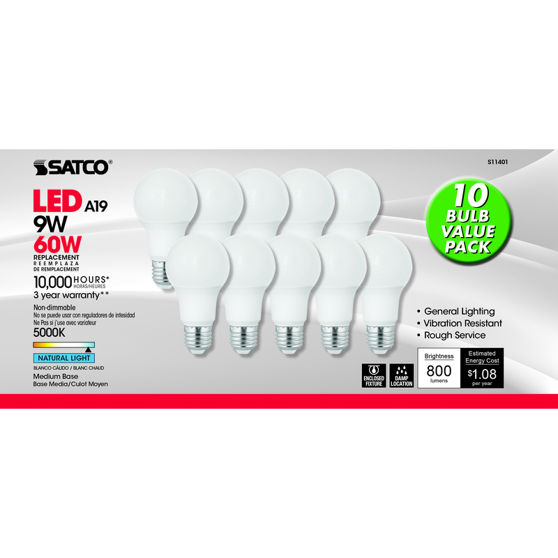 Satco . A19 E26 (Medium) LED Bulb Natural Light 60 Watt Equivalence 10 pk