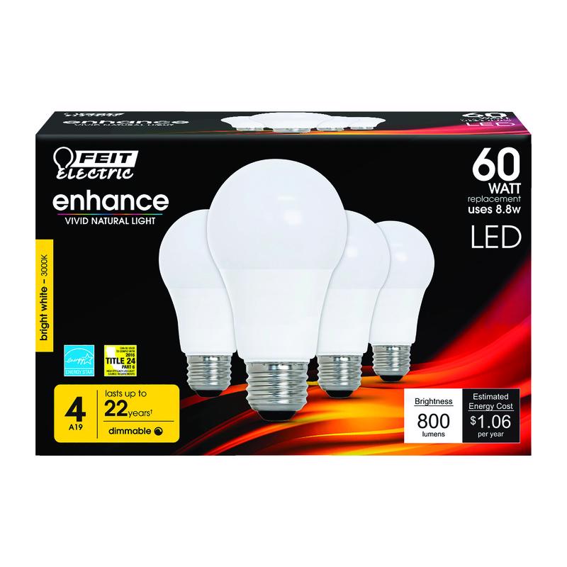 Feit Electric A19 E26 (Medium) LED Bulb Bright White 60 Watt Equivalence 4 pk