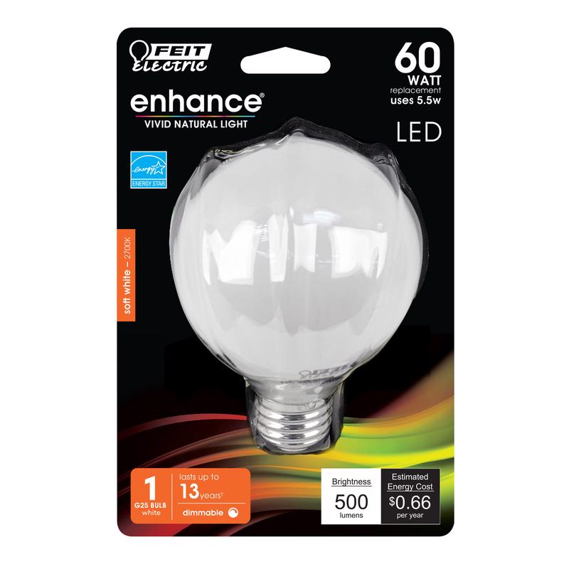 Feit Electric Enhance G25 E26 (Medium) LED Bulb Soft White 60 Watt Equivalence 1 pk