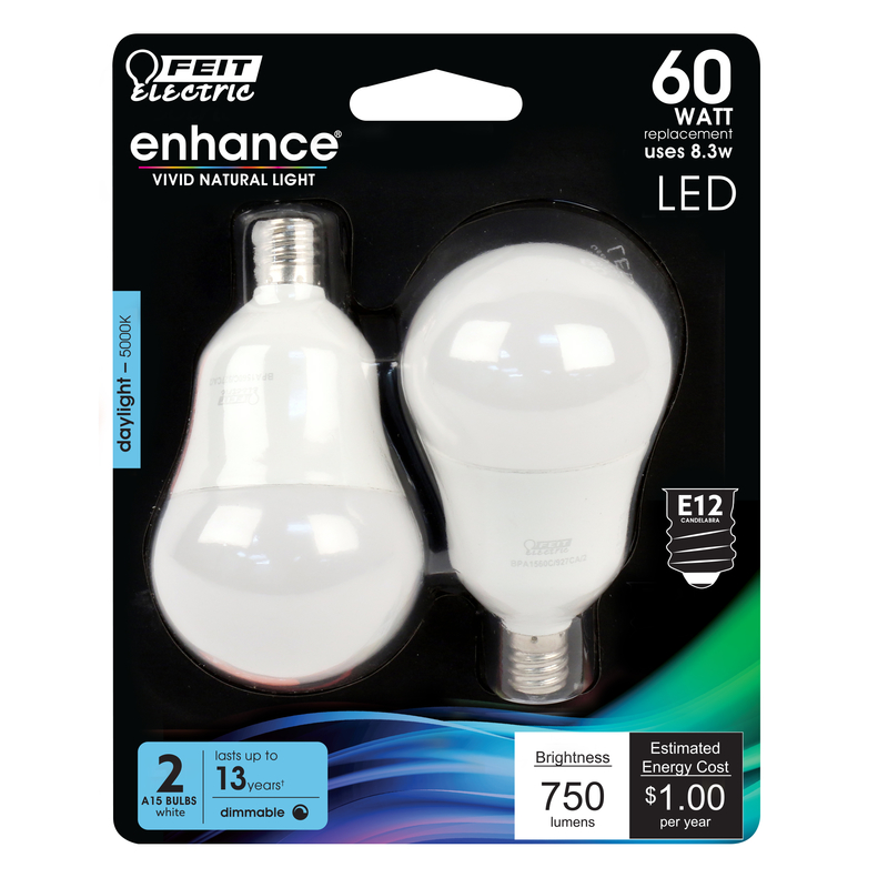 Feit Electric Enhance A15 E12 (Candelabra) Filament LED Bulb Daylight 60 Watt Equivalence 2 pk