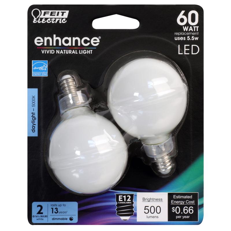 Feit Electric Enhance G16.5 E12 (Candelabra) Filament LED Bulb Daylight 60 Watt Equivalence 2 pk