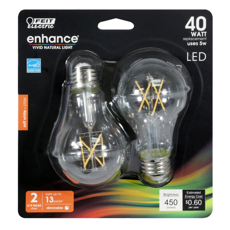 Feit Electric Enhance A19 E26 (Medium) Filament LED Bulb Soft White 40 Watt Equivalence 2 pk