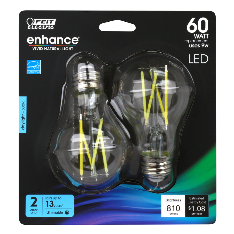 Feit Electric Enhance A19 E26 (Medium) Filament LED Bulb Daylight 60 Watt Equivalence 2 pk