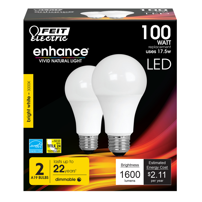 Feit Electric Enhance A19 E26 (Medium) LED Bulb Warm White 100 Watt Equivalence 2 pk