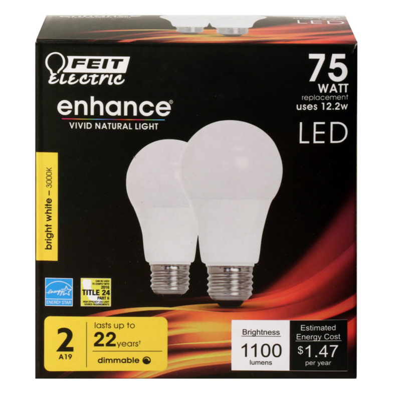 Feit Electric Enhance A19 E26 (Medium) LED Bulb Bright White 75 Watt Equivalence 2 pk