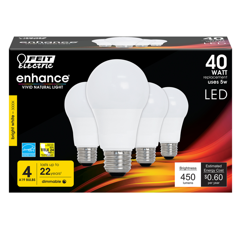 Feit Electric Enhance A19 E26 (Medium) LED Bulb Bright White 40 Watt Equivalence 4 pk
