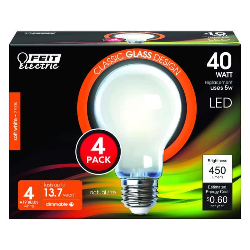 Feit Electric A19 E26 (Medium) Filament LED Bulb Soft White 40 Watt Equivalence 4 pk