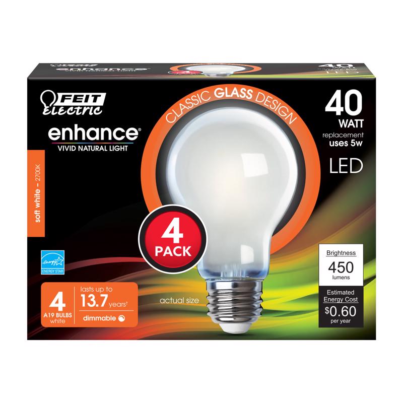 Feit Electric Enhance A19 E26 (Medium) Filament LED Bulb Soft White 40 Watt Equivalence 4 pk