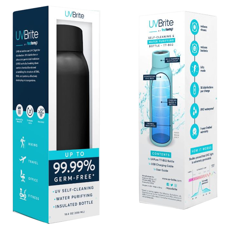 UVBrite 18.6 oz Black BPA Free Self-Cleaning Water Bottle