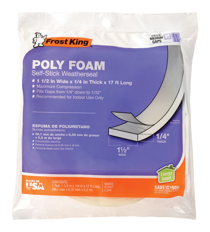 Frost King White Poly Foam Weather Stripping Tape For Doors and Windows 17 ft. L X 1/4 in.