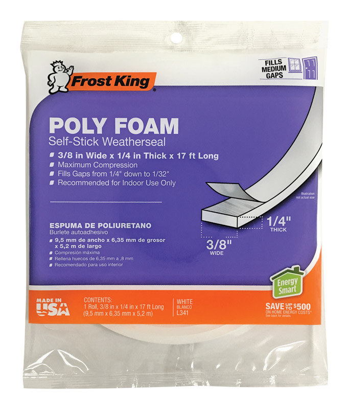 Frost King White Poly Foam Weather Stripping Tape For Doors and Windows 17 ft. L X 1/4 in.