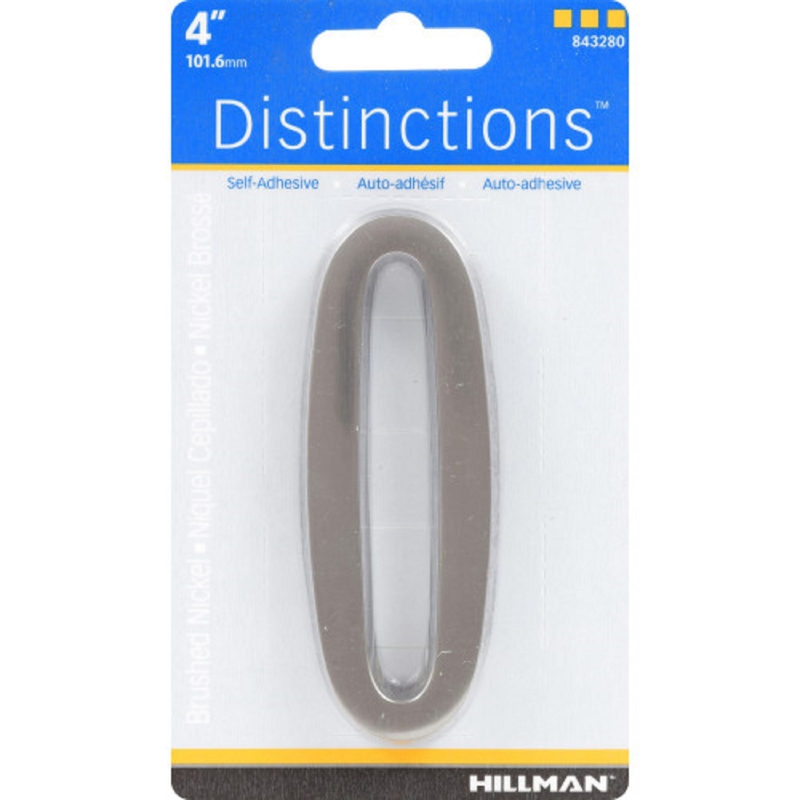 Hillman Distinctions 4 in. Silver Zinc Die-Cast Self-Adhesive Number 0 1 pc