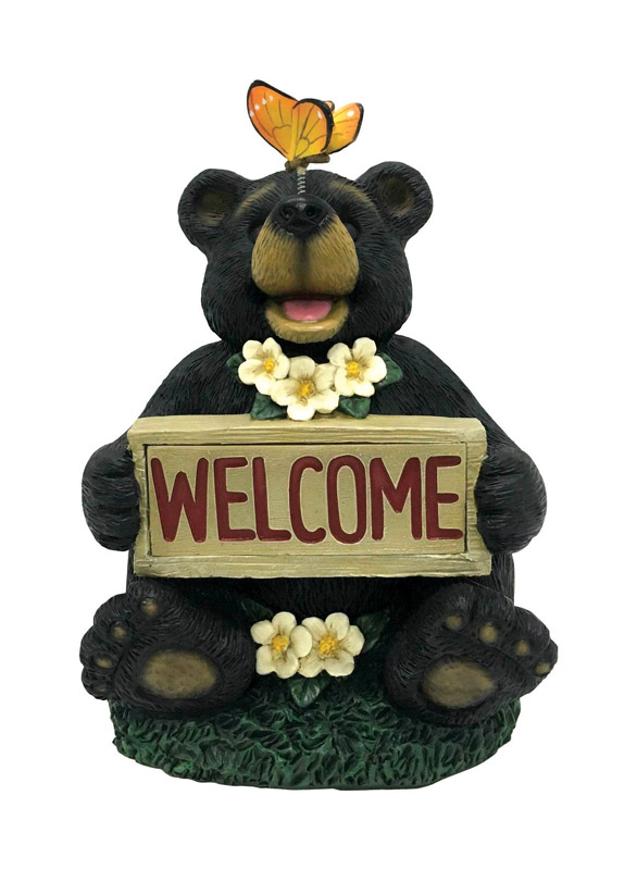 Smart Solar 7.5 in. Ceramic Welcome Bear with Butterfly Lantern Brown