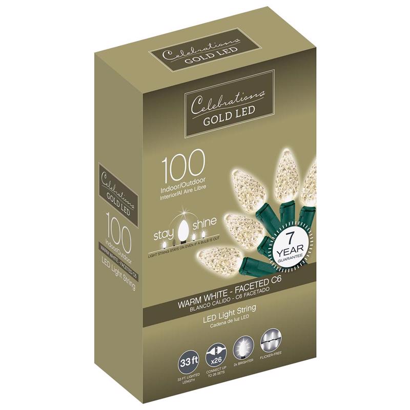 Celebrations Gold LED C6 Clear/Warm White 100 ct String Christmas Lights 33 ft.